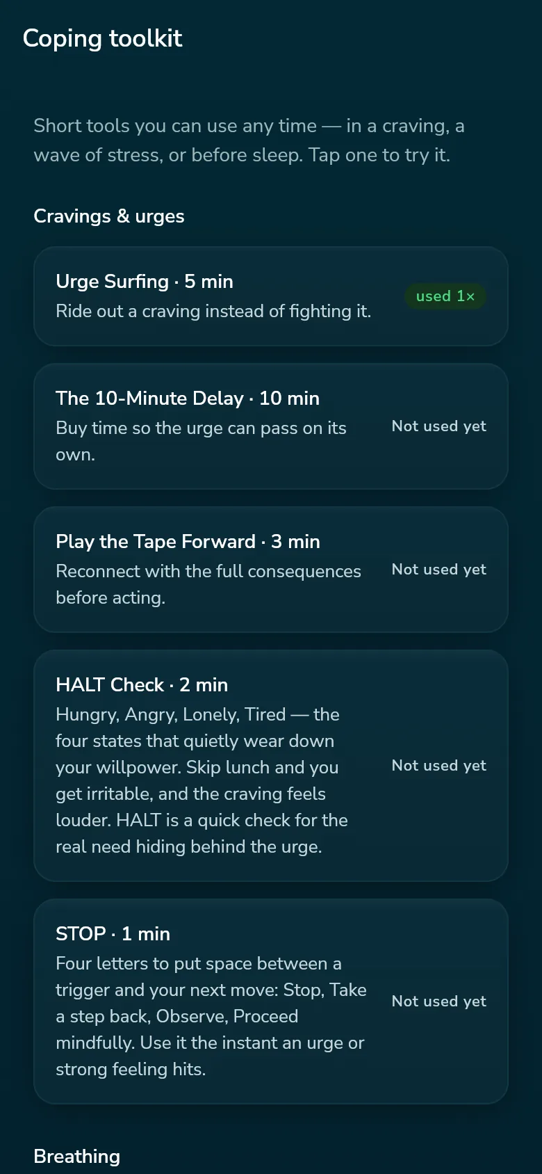 The coping toolkit listing short techniques for cravings and urges — urge surfing, the 10-minute delay, playing the tape forward, a HALT check and STOP — each with how long it takes.
