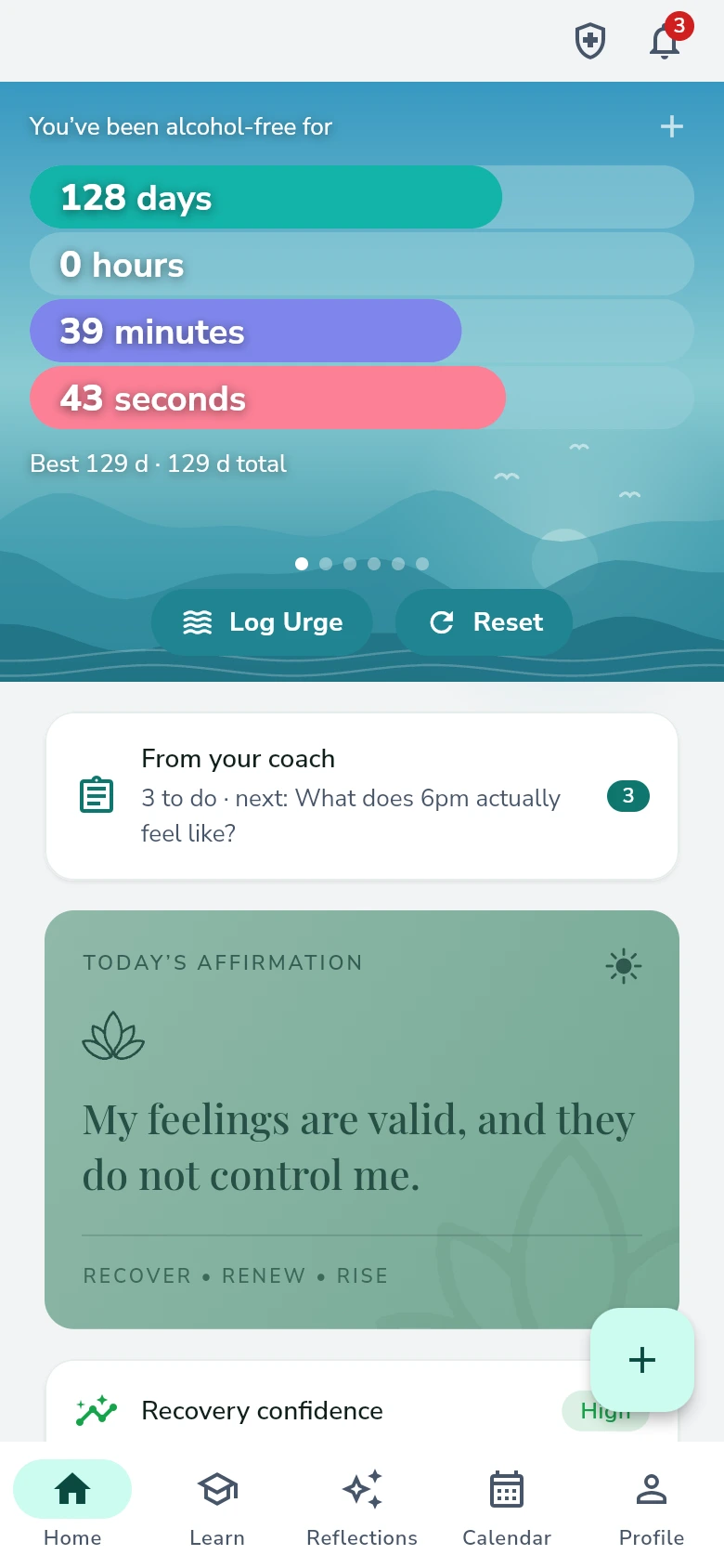 The Overcome home screen showing a live counter reading 128 days alcohol-free, with dots for several more counters, a card of tasks from the coach, and the daily affirmation.
