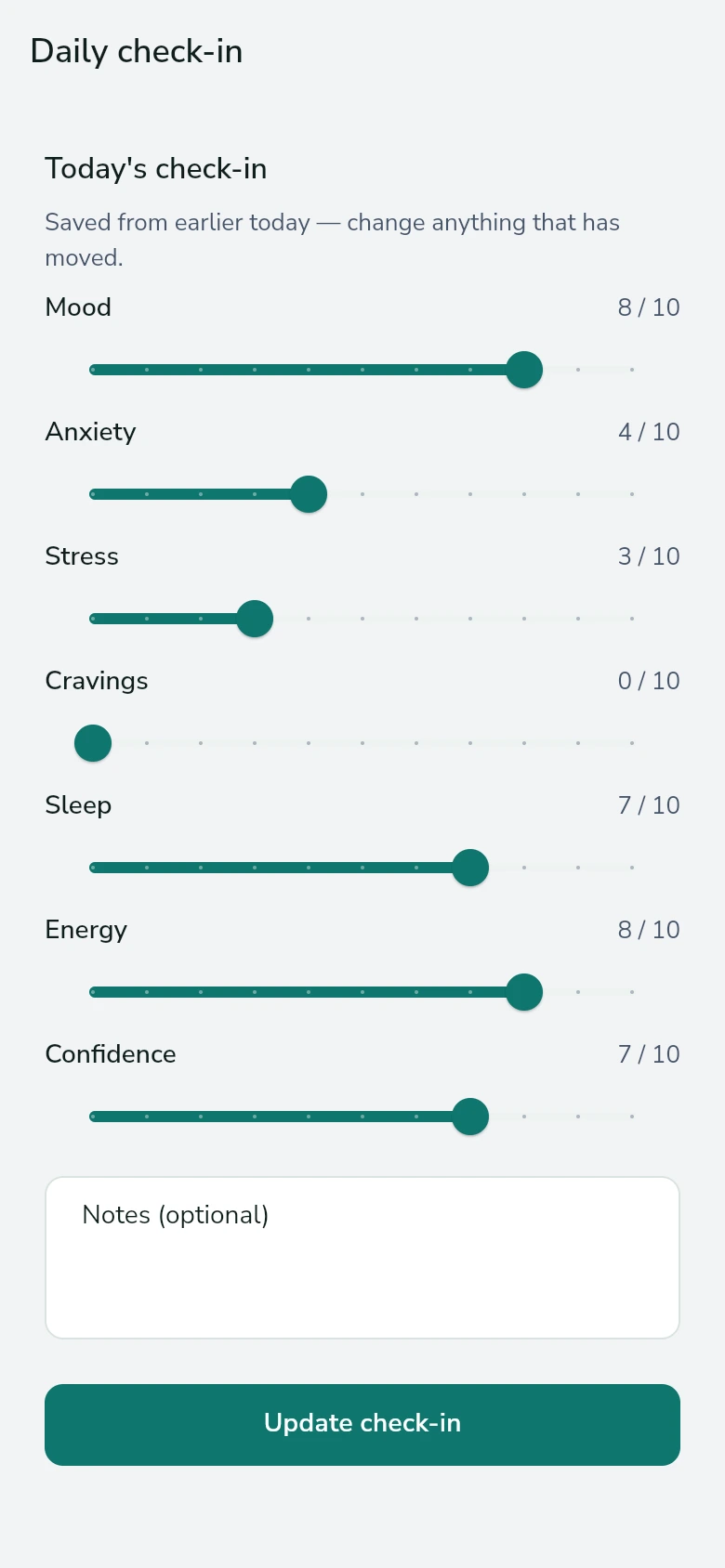 The daily check-in screen with sliders for mood, anxiety, stress, cravings, sleep, energy and confidence, each showing a score out of ten.
