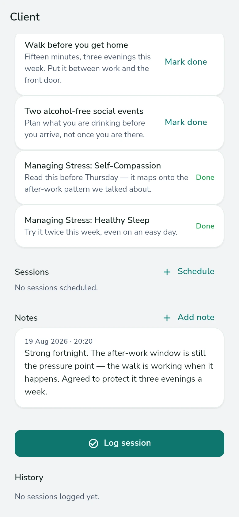 A client record showing assigned tasks — a walk before getting home, two alcohol-free social events, and two completed lessons — alongside the coach’s own notes.