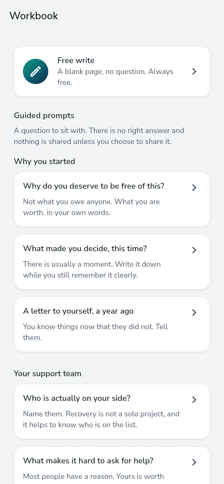 The workbook screen offering a blank free write plus guided prompts grouped by theme, noting that nothing is shared unless you choose to share it.