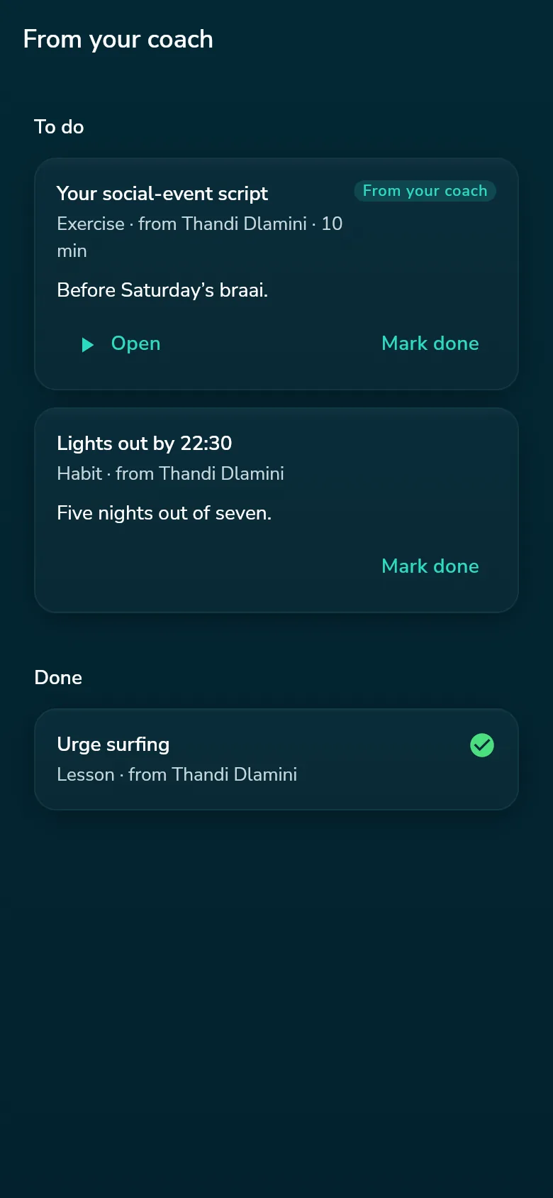 The From your coach screen listing a social-event script exercise and a lights-out habit to do, and a completed urge surfing lesson.