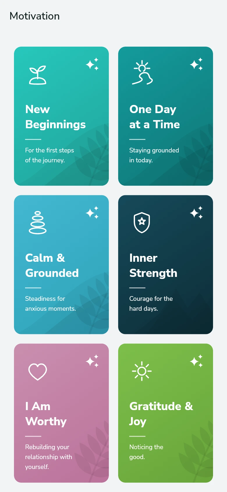 The motivation screen showing six illustrated card packs: New Beginnings, One Day at a Time, Calm and Grounded, Inner Strength, I Am Worthy and Gratitude and Joy.